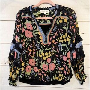 Hale Bob Floral Viscose Blouse Black Crochet Lace Trim Tassel V-Neck XS Boho